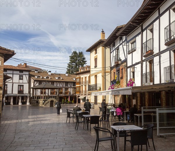 Historic buildings in town of Ezcaray, La Rioja Alta, Spain, cafe bar Ropy in Plaza Conde de Torremuzquiz, Europe