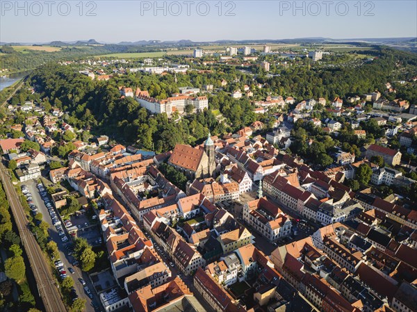 Pirna on the Elbe. General view of the old town centre with town hall, market square, St. Mary's Cathedral and Sonnenstein Fortress, Pirna, Saxony, Germany, Europe