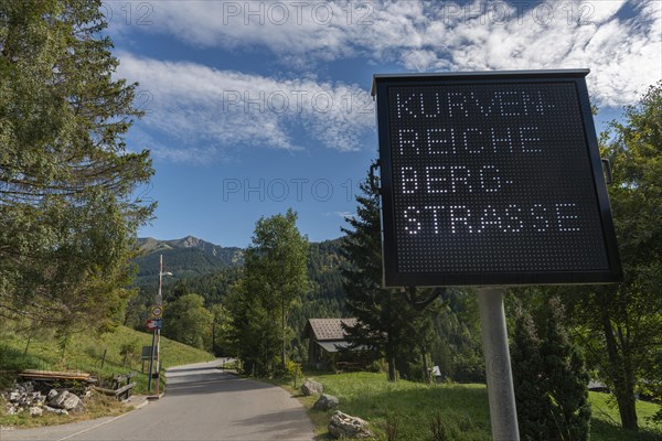 Mountain village Ebnit, municipality Dornbirn, Bregenzerwald, alpine view, traffic sign, winding mountain road, Voralberg, Austria, Europe