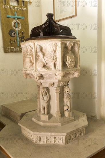 Fifteenth century stone font church of Saint John, Saxmundham, Suffolk, England, UK