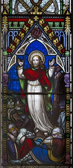 Victorian stained glass window detail depicting the risen Jesus Christ circa 1858 by William Wailes (1808-1881), Urchfont church, Wiltshire, England, United Kingdom, Europe