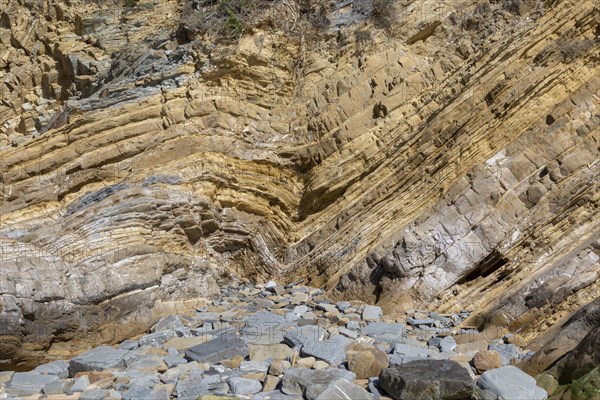 Strata of sandstone sedimentary rock in a coastal cliff with layers folded down to form a geological structure called a syncline, near Zambujeiro do Mar, Alentejo Littoral, Portugal, southern Europe. A syncline is a trough or fold of stratified rock in which the strata slope upwards from the axis. Folds typically form during crustal deformation as the result of compression that accompanies orogenic mountain building, Europe