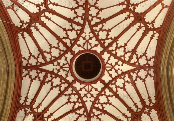Interior of the priory church at Edington, Wiltshire, England, UK, 17th century plaster ceiling