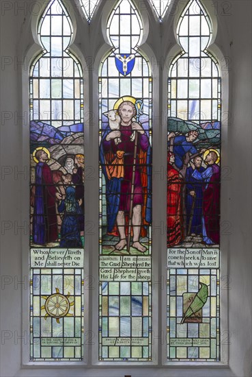 Stained glass window, the Good Shepherd, by Townsend and Howson c 1938, Pettaugh church, Suffolk, England, UK