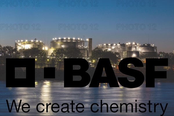 Night shot of BASF in Ludwigshafen with the BASF logo