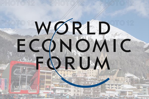 Logo of the WEF (World Economic Forum), in the background Davos (Composing)