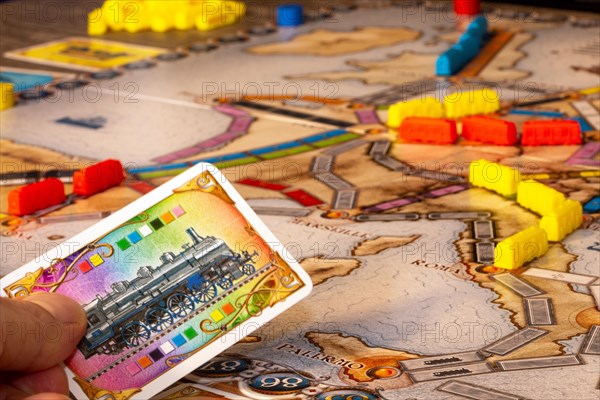 Close-up of the popular strategy game Ticket to Ride, board game of the year 2004