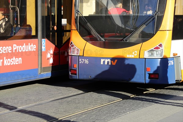 Close-up of a tram at Paradeplatz in Mannheim (Baden-Wuerttemberg)