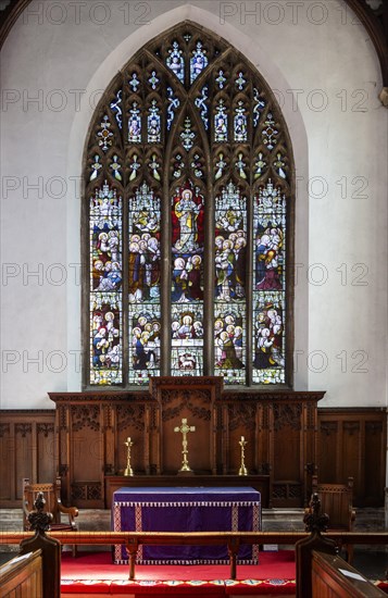 Stained glass east window Halesworth church, Suffolk, possibly Lavers, Barraud and Westlake c 1889 Ascension and Last Supper