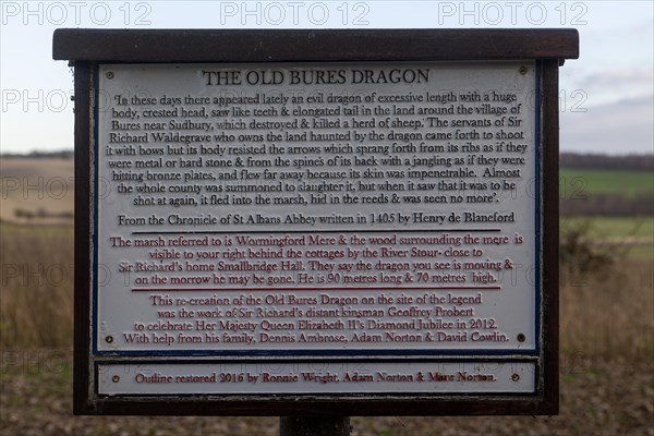 The Old Bures Dragon information panel notice, Bures, Suffolk, England, UK