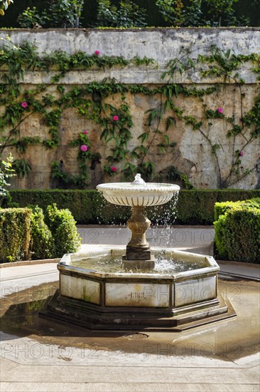 Fountain in historical gardens, arabic, islamic, oriental, Generalife Gardens, Alhambra, Granada, Spain, Europe