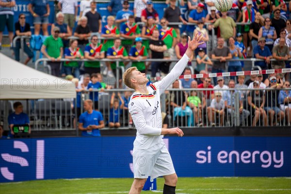 Fistball World Championship from 22 July to 29 July 2023 in Mannheim: The German national team won its opening match against Namibia with 3:0 sets. Pictured here: Attacking player Patrick Thomas from TSV Pfungstadt