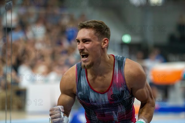 Heidelberg, 9 September 2023: Men's World Championship qualification in conjunction with a national competition against Israel. Nick Klessing after his routine on the rings