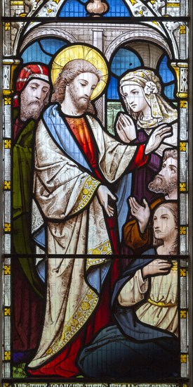 Stained glass window in church of Saint Michael, Peasenhall, Suffolk, England, UK circa 1868 by Ward and Huges Jesus Christ Healing the sick a