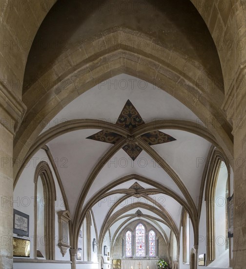 Three bays of stone vaulting in the chancel in the church at Bishops Cannings, Wiltshire, England, UK