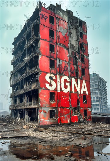 Symbolic image for the collapse of Rene Benko's SIGNA Group, a red tower block with the company logo stands completely destroyed on a dirty plot of land, AI generated, insolvency, mismanagement, corruption