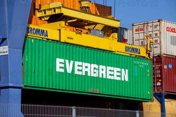 An Evergreen Line container is loaded in the port of Mannheim, Germany. Supply bottlenecks and a sharp rise in container prices are currently affecting global trade