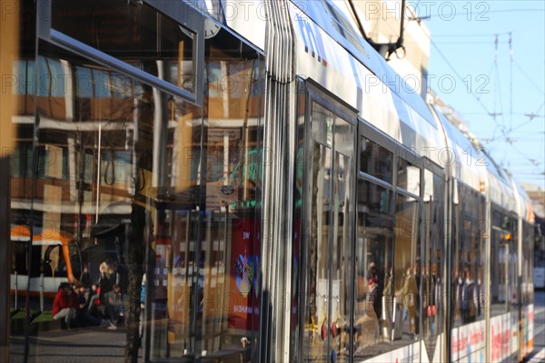 Close-up of a tram at Paradeplatz in Mannheim (Baden-Wuerttemberg)