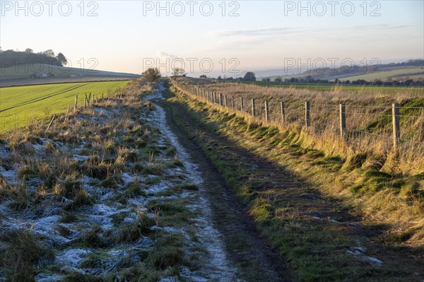 Winter landscape old coaching road north Wessex chalk downland, Cherhill, Wiltshire, England, UK