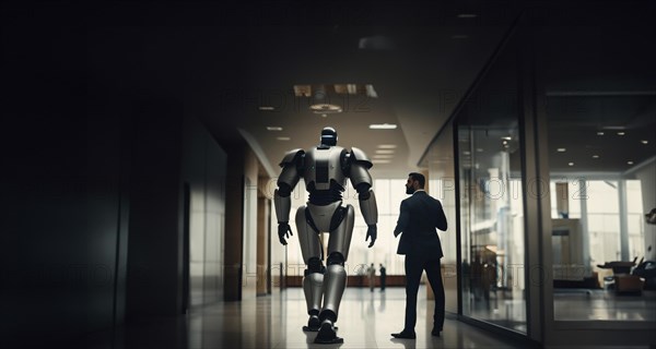 Robot bodyguard assistant to a businessman, personal security guard of a businessman, AI generated