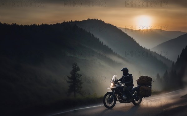 Traveling on a tourist motorcycle with panniers in the mountains at dawn, AI generated