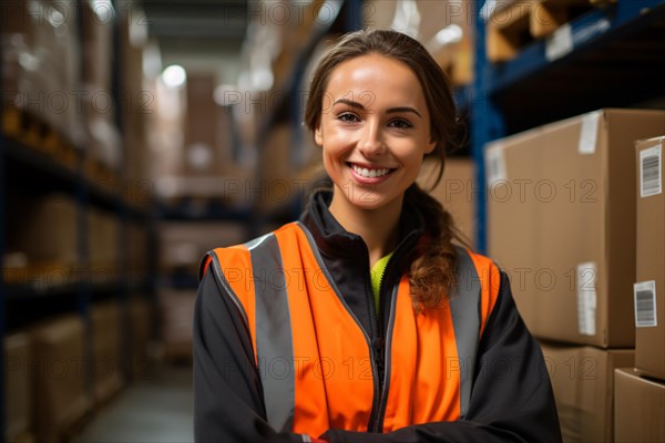Young happy woman with safety vest working at warehouse. KI generiert, generiert AI generated