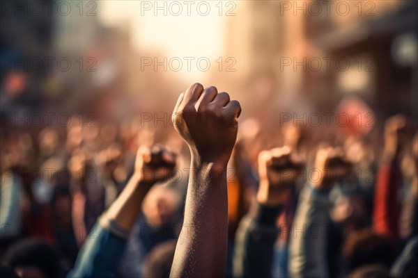 Raised fist of afro american man in large angry protest riot crowd of people in blurry background. KI generiert, generiert AI generated