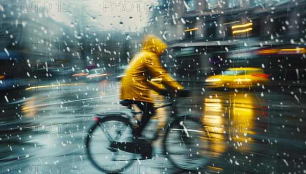 Blurred cyclist in yellow coat at dusk and rain with city lights, AI generated, AI generated