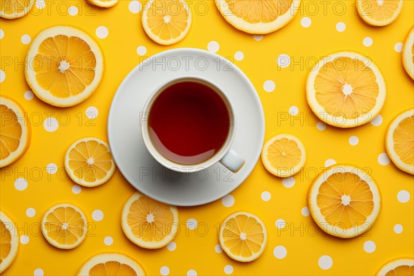 Top view of tea cup with lemon slices on yellow background with dots. KI generiert, generiert AI generated