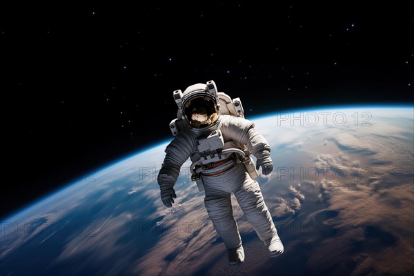 Astronaut Floating Above Earth in Space with extravehicular mobility unit and backpack. Wonder and awe of space exploration and science, AI generated