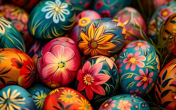 Vibrant, hand-painted Easter eggs adorned with intricate floral patterns, AI generated