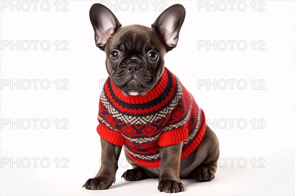 French Bulldog dog puppy with white and red knitted winter sweater on white background. KI generiert, generiert AI generated