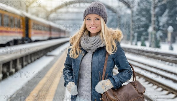 AI generated, A young blonde woman wants to travel and waits for the train at the station, 20, 25, blonde, blond, blonde, modern, modern, handbag, leather jacket, boots, sexy, attractive, attractive, long-haired, transport, traffic
