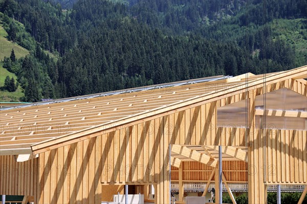 Timber construction, timber construction. Construction of a new hall (Aurach near Kitzbuehel, Tyrol, Austria)