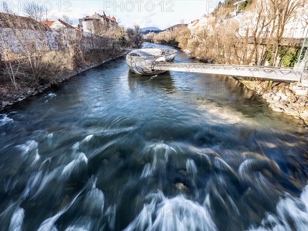 Futuristic Mur Island in the River Mur, artificial island in the river, Graz, Styria, Austria, Europe