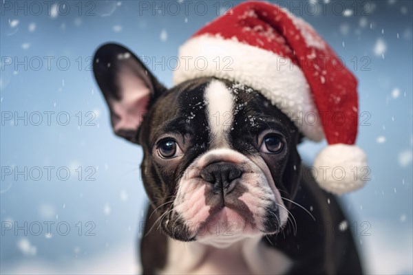 Black and white French Bulldogd og with red Santa Christmas hat in snow. KI generiert, generiert AI generated