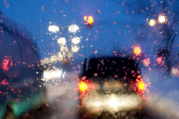 Poor visibility through the windshield in rain and snow, Munich, Bavaria, Germany, Europe