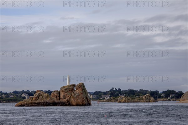 Rock with landmark off the coast of Ile de Brehat, Cotes d'Armor department, Brittany, France, Europe