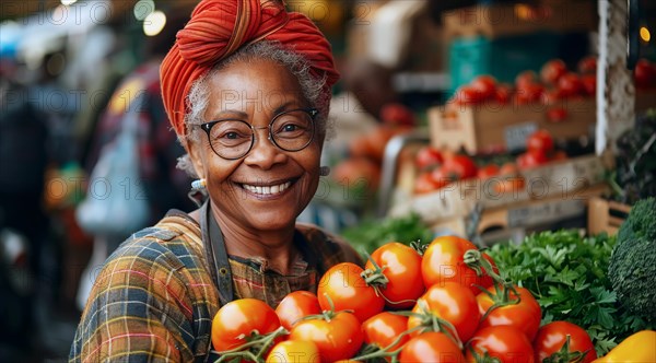 Happy vendor in a red headscarf selling tomatoes at a vibrant farmers market, ai generated, AI generated