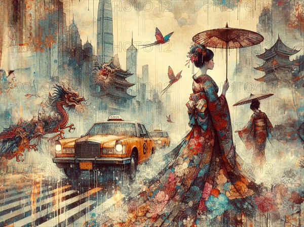 A fantasy cityscape with a dragon, asian woman in traditional Japanese antique kimono long attire, and a yellow taxi, niponic themed shunga style based, AI Generated, AI generated