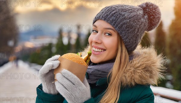 AI generated, human, humans, person, persons, woman, woman, 25, years, one, outdoor, ice, snow, winter, seasons, eats, eating, burger, hamburger, cap, bobble hat, gloves, winter jacket, cold, coldness