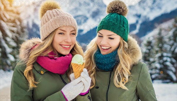 AI generated, human, humans, person, persons, woman, woman, child, 20, 25, years, two persons, outdoor, ice, snow, winter, seasons, eats, eating, waffle ice cream, waffle, Italian ice cream, cap, bobble hat, gloves, winter jacket, cold, coldness