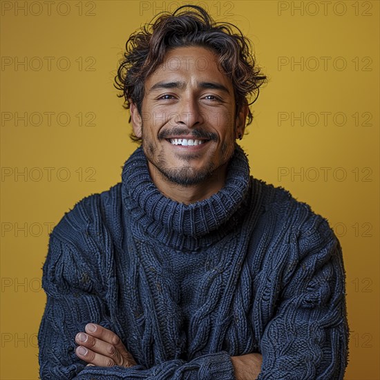 Portrait of a happy student standing in front of a colored background with a trendy sweater smiling, AI generated