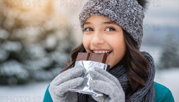 KI generated, Young girl, 15, years, eating a bar of chocolate, one person, outdoor shot, ice, snow, winter, seasons, eating, eating, hat, bobble hat, gloves, winter jacket, cold, coldness