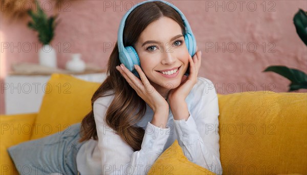 AI generated, human, humans, person, persons, woman, woman, girls, 20, 25, years, one person, interior shot, sitting on the sofa and listening to music with headphones, relaxed, relaxed, blue headphones, beautiful teeth, beautiful eyes, smiling, happy