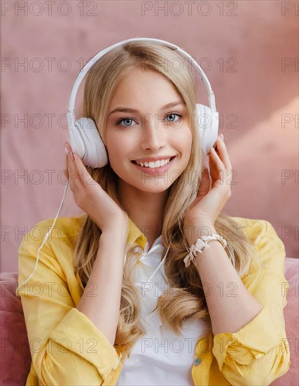 AI generated, human, humans, person, persons, woman, woman, girls, 20, 25, years, one person, interior shot, sitting on the. sofa and listening to music with the headphones, relaxed, relaxed, white headphones, beautiful teeth, beautiful eyes, smiling, happy, blonde, blonde, blonde