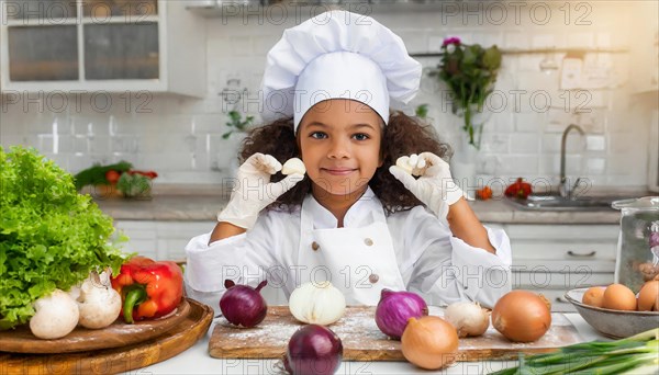 AI generated, human, humans, person, persons, child, children, 8 year old girl cutting onions in a white kitchen, chef hat, smock, cute, cute, beautiful eyes, beautiful teeth, cook, cook, kitchen table, vegetables, onions, garlic