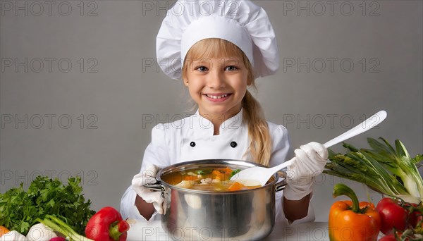 AI generated, human, humans, person, persons, child, children, 8 year old girl cooking a vegetable soup in a white kitchen, chef's hat, smock, cute, cute, cute, beautiful eyes, beautiful teeth, cook, cook, kitchen table, vegetables, onions, garlic