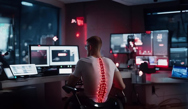 Diseases of the spine when working at a computer, sedentary work, stress on the skeleton and spine, AI generated