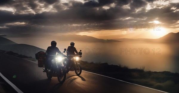 Two motorcyclist friends travel on motorcycles with panniers through the mountains at sunset, AI generated